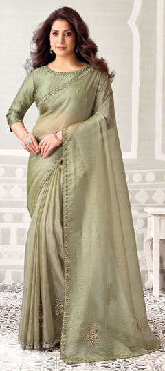 Green color Saree in Organza Silk fabric with Embroidered, Moti, Stone work