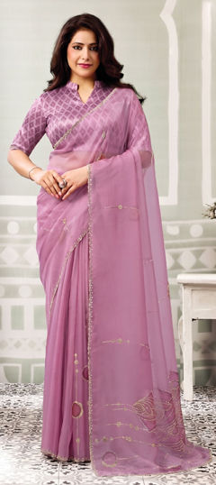 Pink and Majenta color Saree in Organza Silk fabric with Embroidered, Moti, Stone work