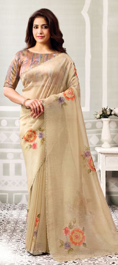 Beige and Brown color Saree in Organza Silk, Tissue fabric with Embroidered, Moti, Stone work