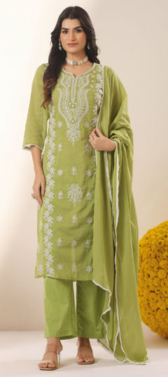Green color Salwar Kameez in Mul Cotton fabric with Embroidered, Sequence work