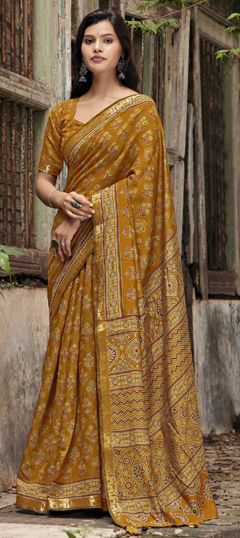 Yellow color Readymade Saree in Silk fabric with Printed work