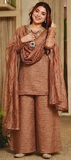 Beige and Brown color Salwar Kameez in Crushed Silk fabric with Bugle Beads, Embroidered work