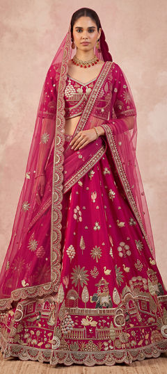 Pink and Majenta color Lehenga in Silk fabric with Bugle Beads, Cut Dana, Sequence work