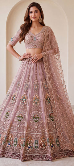Pink and Majenta color Lehenga in Net fabric with Sequence work