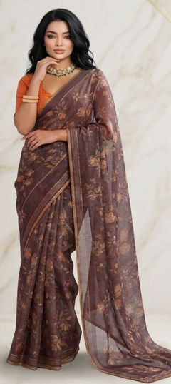 Beige and Brown color Saree in Georgette fabric with Floral, Lace, Printed work