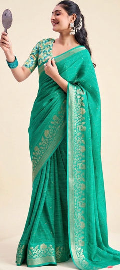 Green color Saree in Chiffon fabric with Weaving work