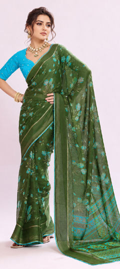 Green color Saree in Georgette fabric with Floral, Lace, Printed work
