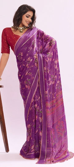 Purple and Violet color Saree in Georgette fabric with Floral, Lace, Printed work