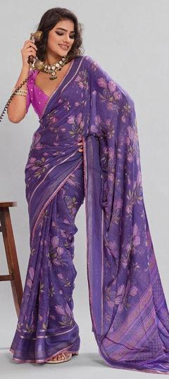 Purple and Violet color Saree in Georgette fabric with Floral, Lace, Printed work