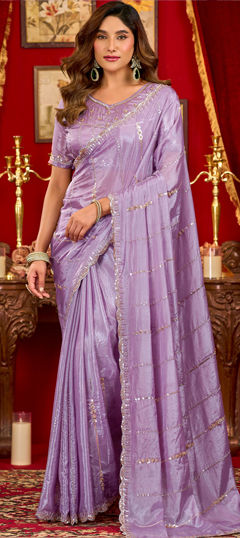 Purple and Violet color Saree in Silk fabric with Bugle Beads, Sequence work