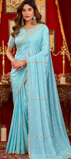 Blue color Saree in Silk fabric with Bugle Beads, Sequence work