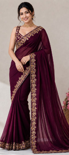 Purple and Violet color Saree in Silk fabric with Embroidered, Sequence work