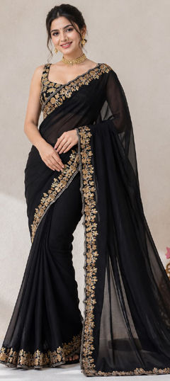 Black and Grey color Saree in Silk fabric with Embroidered, Sequence work