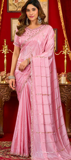 Pink and Majenta color Saree in Silk fabric with Bugle Beads, Sequence work