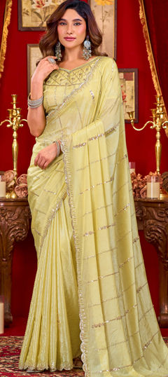 Yellow color Saree in Silk fabric with Bugle Beads, Sequence work