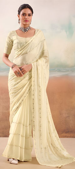 Beige and Brown color Saree in Chiffon fabric with Embroidered work