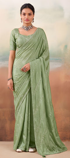 Green color Saree in Chiffon fabric with Embroidered work