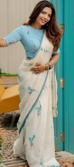 White and Off White color Saree in Cotton fabric with Floral, Printed work
