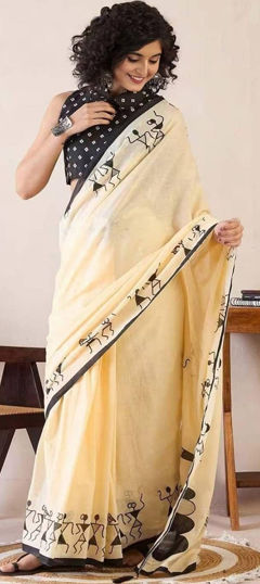 Yellow color Saree in Cotton fabric with Printed work