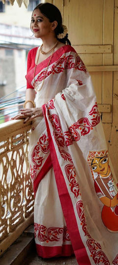 Red and Maroon color Saree in Cotton fabric with Printed work