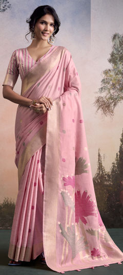 Pink and Majenta color Saree in Linen fabric with Weaving work
