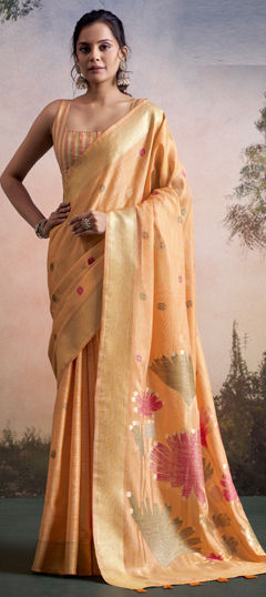 Orange color Saree in Linen fabric with Weaving work