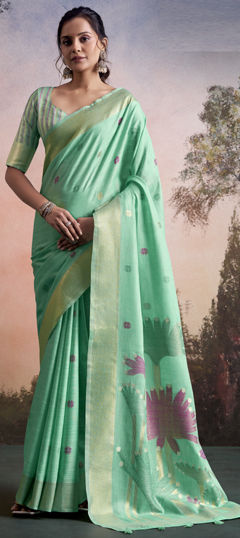 Green color Saree in Linen fabric with Weaving work