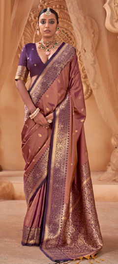 Beige and Brown, Purple and Violet color Saree in Silk fabric with Weaving work