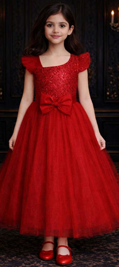 Red and Maroon color Girls Dress in Net fabric with Sequence work