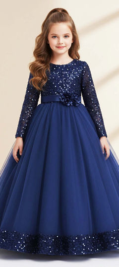 Blue color Girls Gown in Net, Velvet fabric with Sequence work