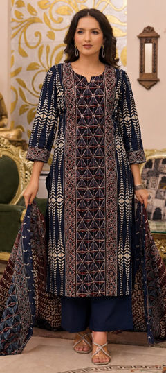 Blue, Red and Maroon color Salwar Kameez in Cotton fabric with Mirror, Printed, Sequence work