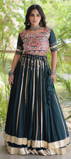 Green color Ready to Wear Lehenga in Rayon fabric with Embroidered, Gota Patti, Lace, Mirror work