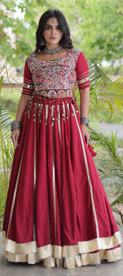 Red and Maroon color Ready to Wear Lehenga in Rayon fabric with Embroidered, Gota Patti, Lace, Mirror work