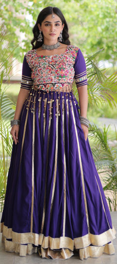 Purple and Violet color Ready to Wear Lehenga in Rayon fabric with Embroidered, Gota Patti, Lace, Mirror work