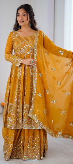 Yellow color Long Lehenga Choli in Crushed Silk fabric with Embroidered, Sequence work