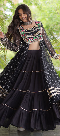 Black and Grey color Long Lehenga Choli in Cotton fabric with Bandhej, Embroidered, Mirror, Patch, Printed work