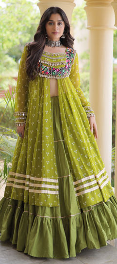 Green color Long Lehenga Choli in Cotton fabric with Bandhej, Embroidered, Mirror, Patch, Printed work