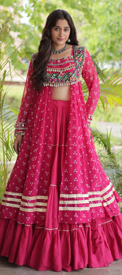 Pink and Majenta color Long Lehenga Choli in Cotton fabric with Bandhej, Embroidered, Mirror, Patch, Printed work