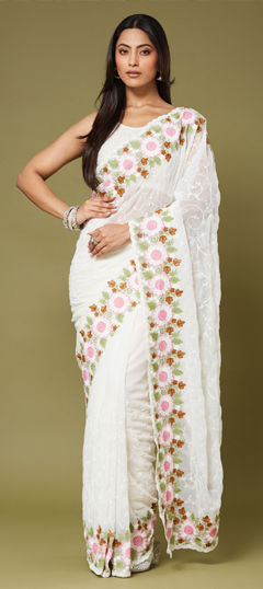 White and Off White color Saree in Chiffon fabric with Embroidered, Sequence, Thread work
