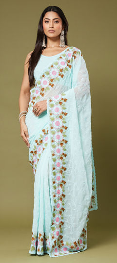 Green color Saree in Chiffon fabric with Embroidered, Sequence, Thread work