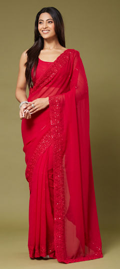 Red and Maroon color Saree in Georgette fabric with Embroidered, Sequence, Thread work