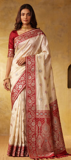 White and Off White color Saree in Blended fabric with Weaving, Zari work