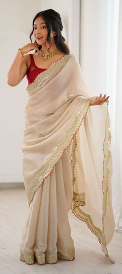 Beige and Brown color Saree in Chinon Silk fabric with Embroidered, Sequence, Zari work