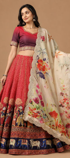 Red and Maroon color Lehenga in Satin Silk fabric with Printed work