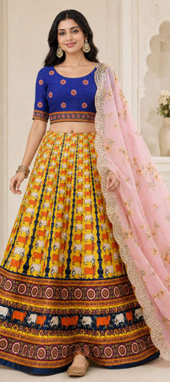 Yellow color Lehenga in Satin Silk fabric with Printed work