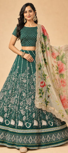 Green color Lehenga in Satin Silk fabric with Printed work