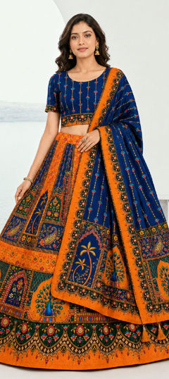 Blue color Lehenga in Cotton fabric with Printed work