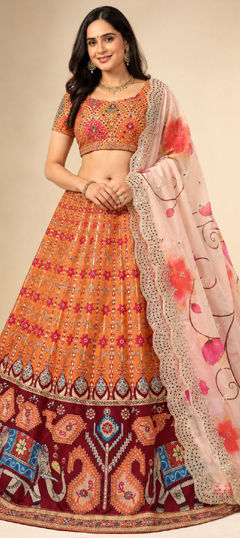 Orange color Lehenga in Satin Silk fabric with Printed work