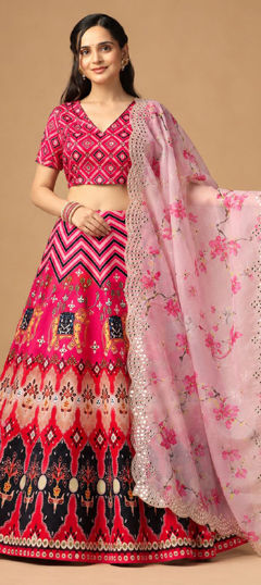 Pink and Majenta color Lehenga in Satin Silk fabric with Printed work