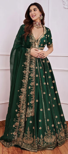 Green color Lehenga in Satin Silk fabric with Embroidered, Sequence work